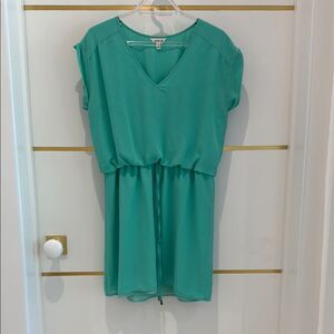 STYLE LOFT Teal Turquoise short lined cap sleeve V-Neck  Dress with belt  small